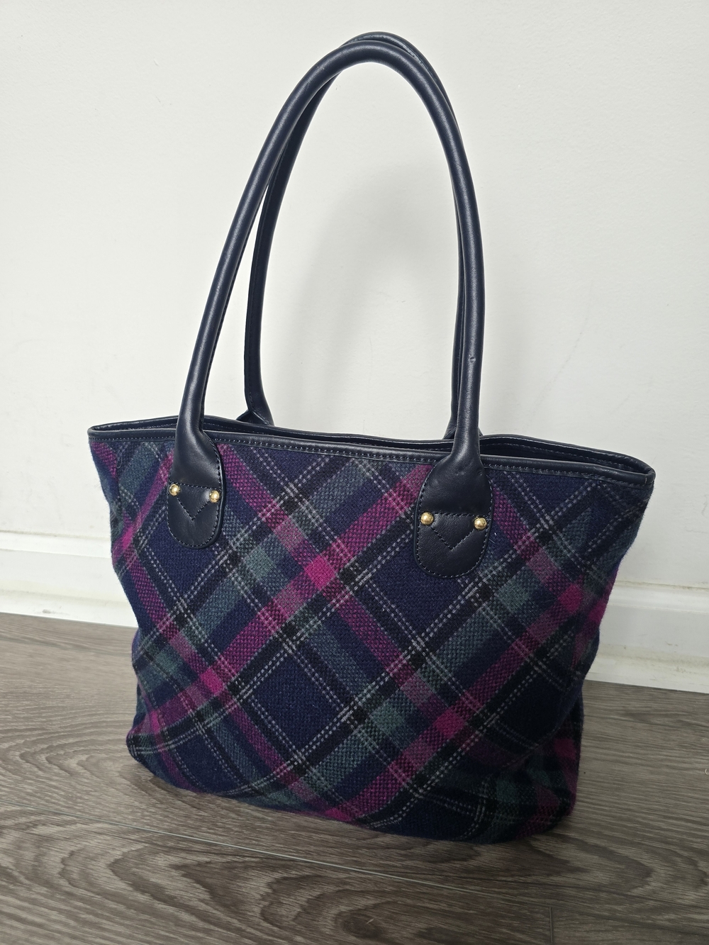 Talbots Wool Plaid Tote Navy Pink Purple Leather Trim Shoulder Bag Fall Purse